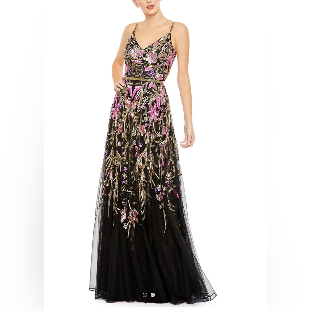 Macduggal Vneck Floral Embellish Spaghetti Straps Black Multi Sz 6 New With Tags